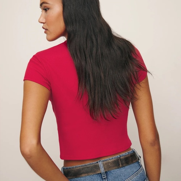Reformation red cotton ribbed Muse cropped short sleeve tee shirt - Large - Picture 3 of 6